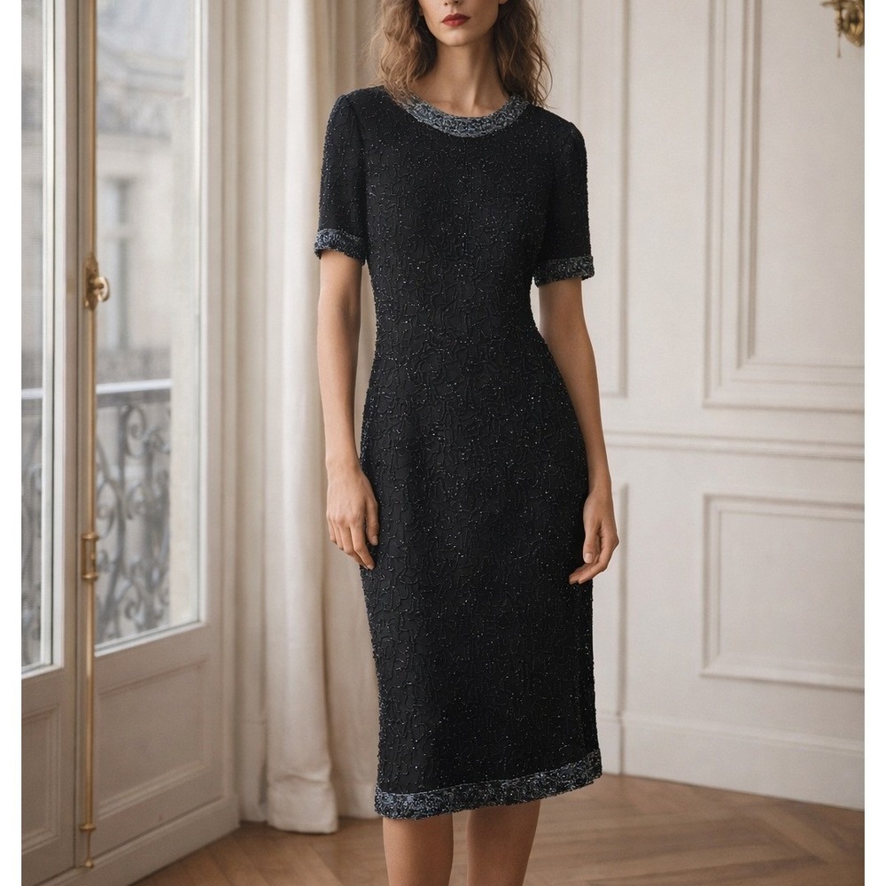 Vtg Laurence Kazar Sz M Black 100% Silk Beaded Knee Length Midi Cocktail Dress